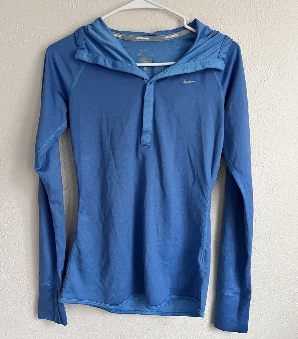 Nike Dri-FIT Women’s Bright Blue Fitted Running Top Small Quarter Snap Button
